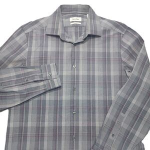 Calvin Klein Mens M (15-15.5) Dress Shirt Slim Fit Button Down Long Sleeve Plaid